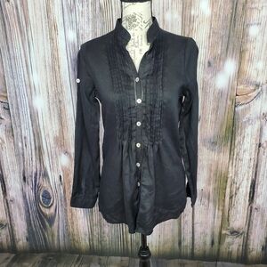 Black Linen Mandarin Collar Button Front Blouse